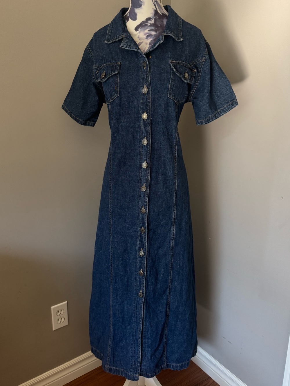 Vintage Penmans Button Front Dark Blue Denim Maxi Dress 100% Cotton